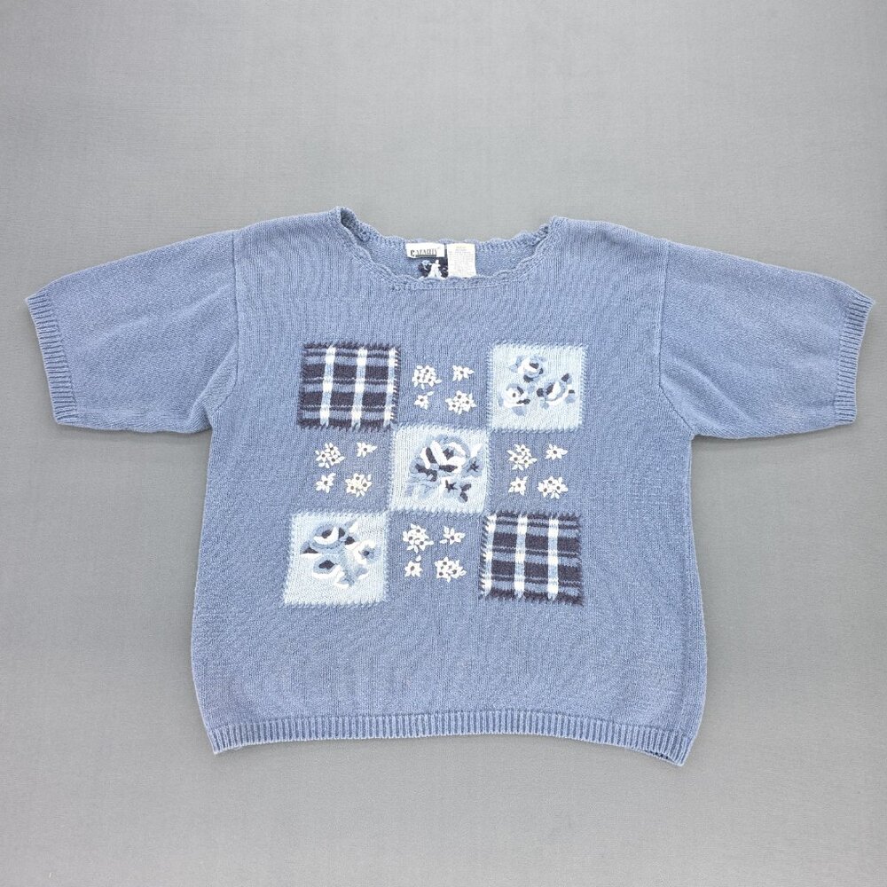 Vtg Capacity Blue Knit Sweater Floral Embroidered Plaid M Cottagecore Card